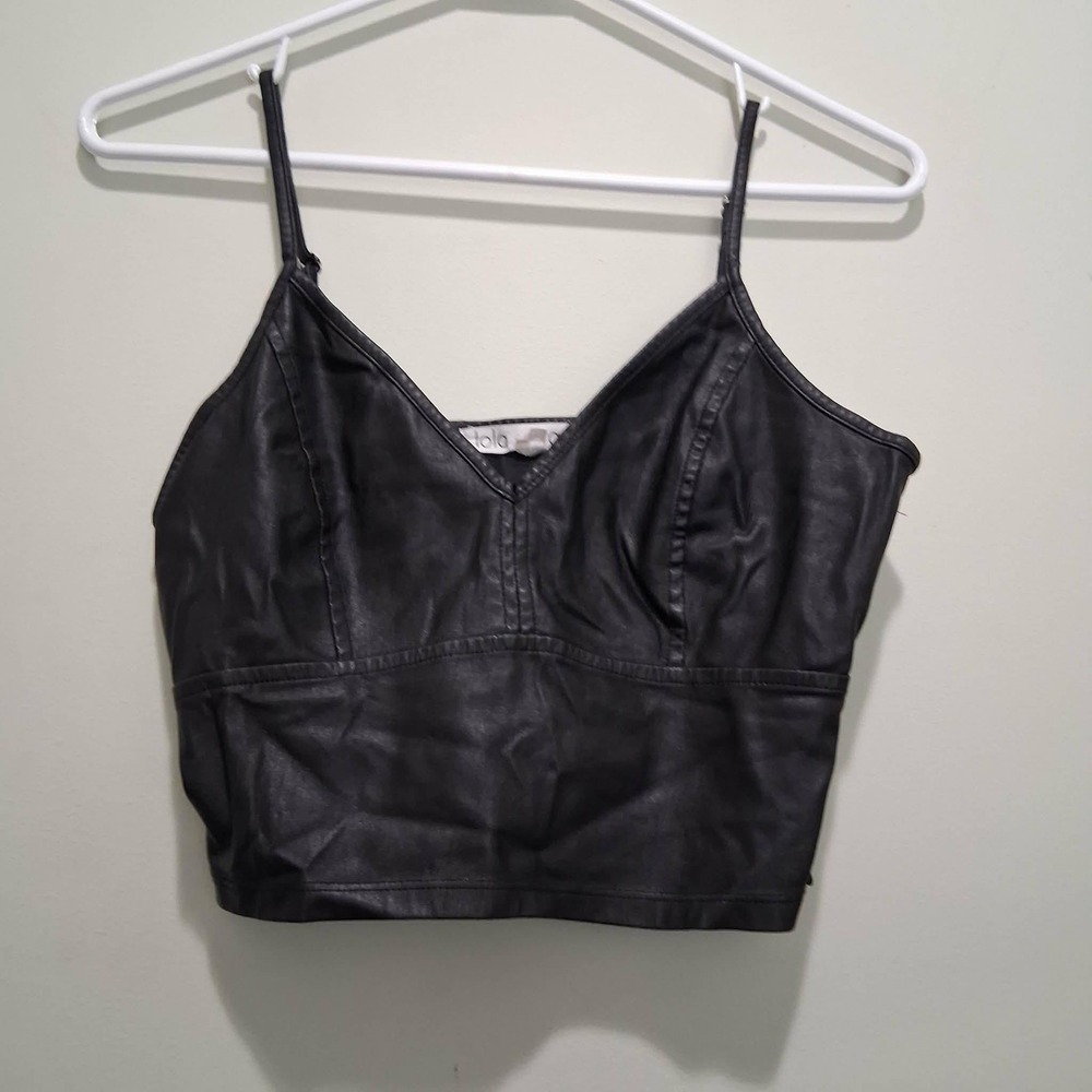 Lola Grace Black Faux Leather Crop Top V-Neck Camisole Small Adjustable Straps